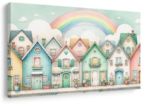 Quadro su tela – Casette pastello con arcobaleno