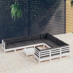 Set divani da giardino 11 pz con cuscini bianchi legno di pino