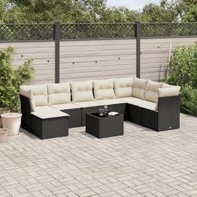 Set divani da giardino 9 pz con cuscini nero in polyrattan