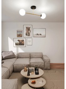 Plafoniera Moderna Magnium 2 Luci In Acciao Nero Oro E Sfere In Vetro Bianco