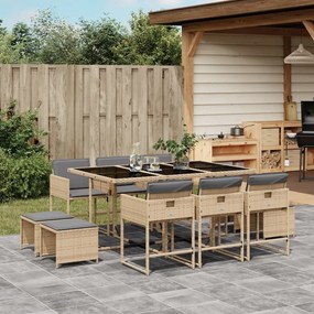 Set pranzo da giardino 11 pz con cuscini beige misto polyrattan