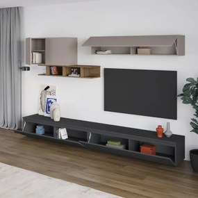 Parete Attrezzata Salotto 300 Cm Con Pensili E Vani Noce Moka E Antracite Monica