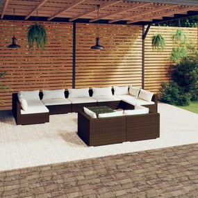 Set Divani da Giardino 10 pz con Cuscini in Polyrattan Marrone