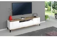 Mobile da soggiorno Porta TV, Made in Italy, Supporto per TV da salotto a 2 ante e 1 cassetto, Cm 160x40h47, Bianco lucido e Acero