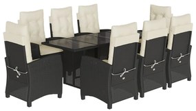 Set da pranzo da giardino 9 pz con cuscini nero in polyrattan
