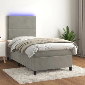 Letto a Molle Materasso e LED Grigio Chiaro 90x190 cm Velluto