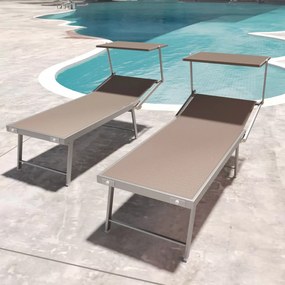 Coppia Di Lettini Tortora Prendisole Pieghevole Professionale In Alluminio Tettuccio Orientabile Tettino Parasole Sdraio Lettino Prendi Sole Mare Spiaggia Piscina Giardino 182 x 60 x 38 cm