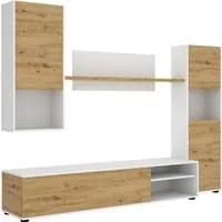 Parete attrezzata Dzuell, Set da soggiorno porta TV, Mobile salotto multiuso, 220x41h180 cm, Rovere Nodi e Bianco