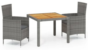 Set da pranzo per esterni 3 pz con cuscini in polyrattan grigio