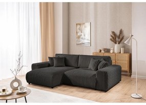 Divano angolare con penisola a sinistra grigio scuro e rivestimento in velluto a coste allungabile e con contenitore Sarina – Ropez