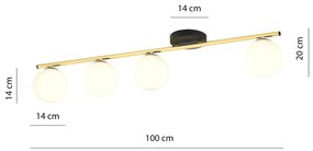 Plafoniera Contemporanea 4 Luci Achille In Acciaio Oro Nero E Sfere Vetro Bianco