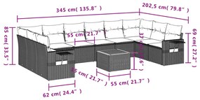 Set divani da giardino 11 pz con cuscini in polyrattan nero