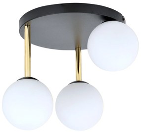 Plafoniera Contemporanea 3 Luci Teseo In Acciaio Nero Oro E Sfere Vetro Bianco