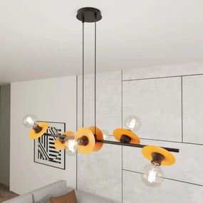 Lampadario 6 Luci Token In Acciaio Nero E Arancio Con Barra E Diffusori A Piatti