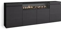 Credenza, Mobile soggiorno 200x75x35cm, 4 Porte, Camino elettrico, Stile moderno, Nero