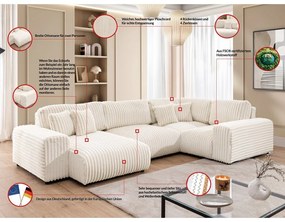 Divano angolare color crema (con penisola a destra/a U) rivestito in velluto a coste Justin – Ropez