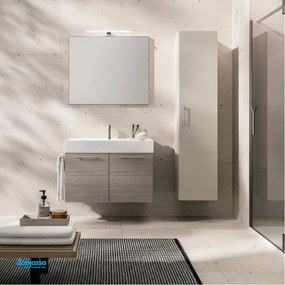 Mobile Bagno Sospeso "KA02" Da 80 Cm Composto Da Due Ante Lavabo E Specchio Con Lampada Led Finitura Rovere Chiostro/Biscotto