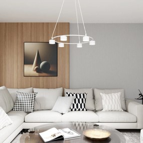 Lampadario Moderno 6 Luci Starlit In Acciaio Bianco Ad Anello E Cilindri