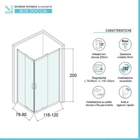 Box doccia angolare 80x120 cm doppio scorrevole in cristallo trasparente Ted