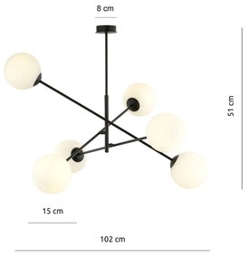 Lampadario 6 Luci Linear In Acciao Nero Con Bracci Regolabili E Vetro Opale