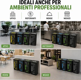 Set 4 Pattumiere per Raccolta Differenziata 37,5x36x53,5 cm Bidone da 50 Litri in Plastica Nero...