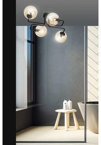 Plafoniera 4 Luci Brandi In Acciaio Nero E Sfere In Vetro Ambra