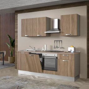 Cucina montata Dora rovere chiaro, lavello a sinistra, L 240 cm, completa di: cappa a camino, piano cottura a induzione, forno,  lavastoviglie