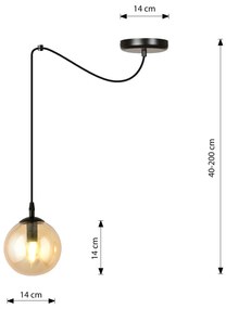 Sospensione 1 Luce Ginevra In Acciaio Nero Con Cavo Lungo E Vetro Ambra