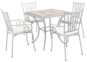 VENTUS - set tavolo da giardino con piano in mosaico 80x80 compreso di 4  poltrone in ferro