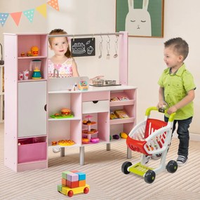 Costway Cucina e mercato per bambini 2 in 1, Cucina a doppia faccia con luci e suoni produttore di ghiaccio interattivo Rosa