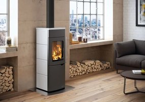 Palazzetti Eva S Stufa A Legna ad aria 8kw con porta verticale automatica in Ceramica Bianco