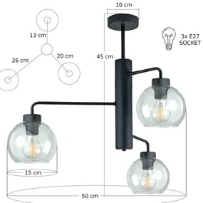 Lampadario a sospensione con supporto rigido FLEX 3xE27/60W/230V nero/limpido