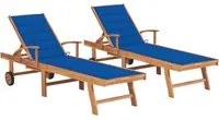 Lettini Prendisole 2 pz con Cuscino Blu Reale in Legno di Teak 3073196