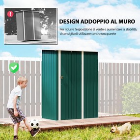 Capanno Porta Attrezzi 142x86x189 cm con Tetto Inclinato e Porta Bloccabile in Metallo Verde...