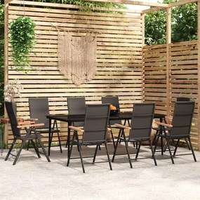 Set da pranzo per giardino 9 pz con cuscini nero