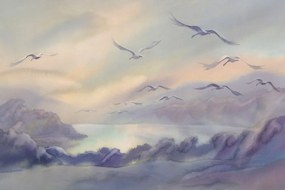 Carta da parati – Volo di uccelli sopra il paesaggio