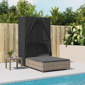 Lettino Prendisole Doppio Tetto E Tende Grigio İn Polyrattan /