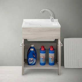 Mobile lavatoio 60x60 cm 2 ante rovere grigio con vasca in resina, asse lavapanni e kit di scarico