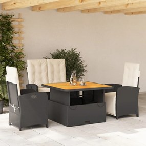 Set da pranzo da giardino 4 pz con cuscini nero in polyrattan