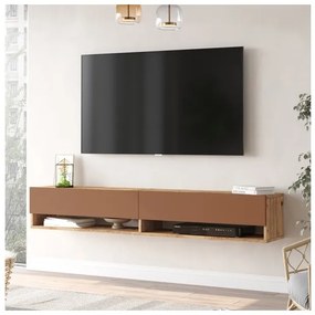 Mobile Tv Sospeso 180x32x30 Effetto Legno Rovere E Rosso Con Vani Frame