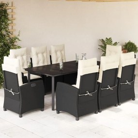 Set da pranzo da giardino 9 pz con cuscini nero in polyrattan