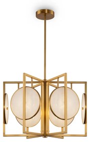 Lampadario Contemporaneo Marmo Metallo Oro 6 Luci Diffusori Bianchi