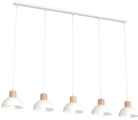 Sospensione Nordica 5 Luci Thoth In Acciaio Bianco A Cupola E Legno Naturale