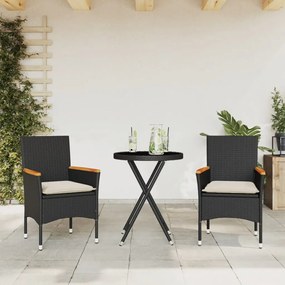 Set Da Bistrò 3 Pz Con Cuscini Nero Polyrattan E Vetro /