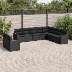 Set divani da giardino 10pz con cuscini in polyrattan nero