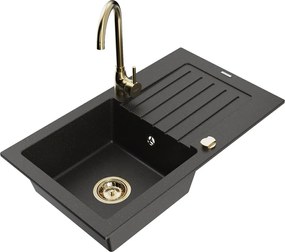 Mexen Pablo lavello da cucina in granito 1-vasca con sgocciolatoio e rubinetto da cucina Telma, nero/oro - 6510-75-670200-50