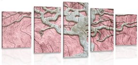 Quadri 5 pezzi – Albero astratto su legno con contrasto rosa