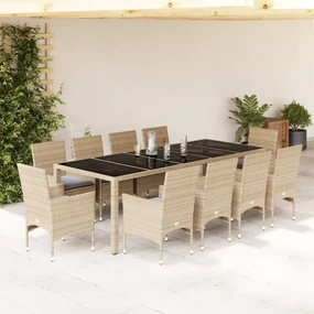 Set da pranzo da giardino 11 pz con cuscini polyrattan e vetro