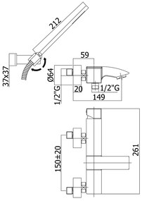 Miscelatore esterno vasca con doccetta supporto a muro snodato in abs e flessibile cromo lec023 level paffoni