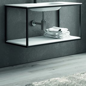 Composizione bagno metallica nera 100cm con lavabo e ripiano solid surface, specchio nero NICO-100N - KAMALU